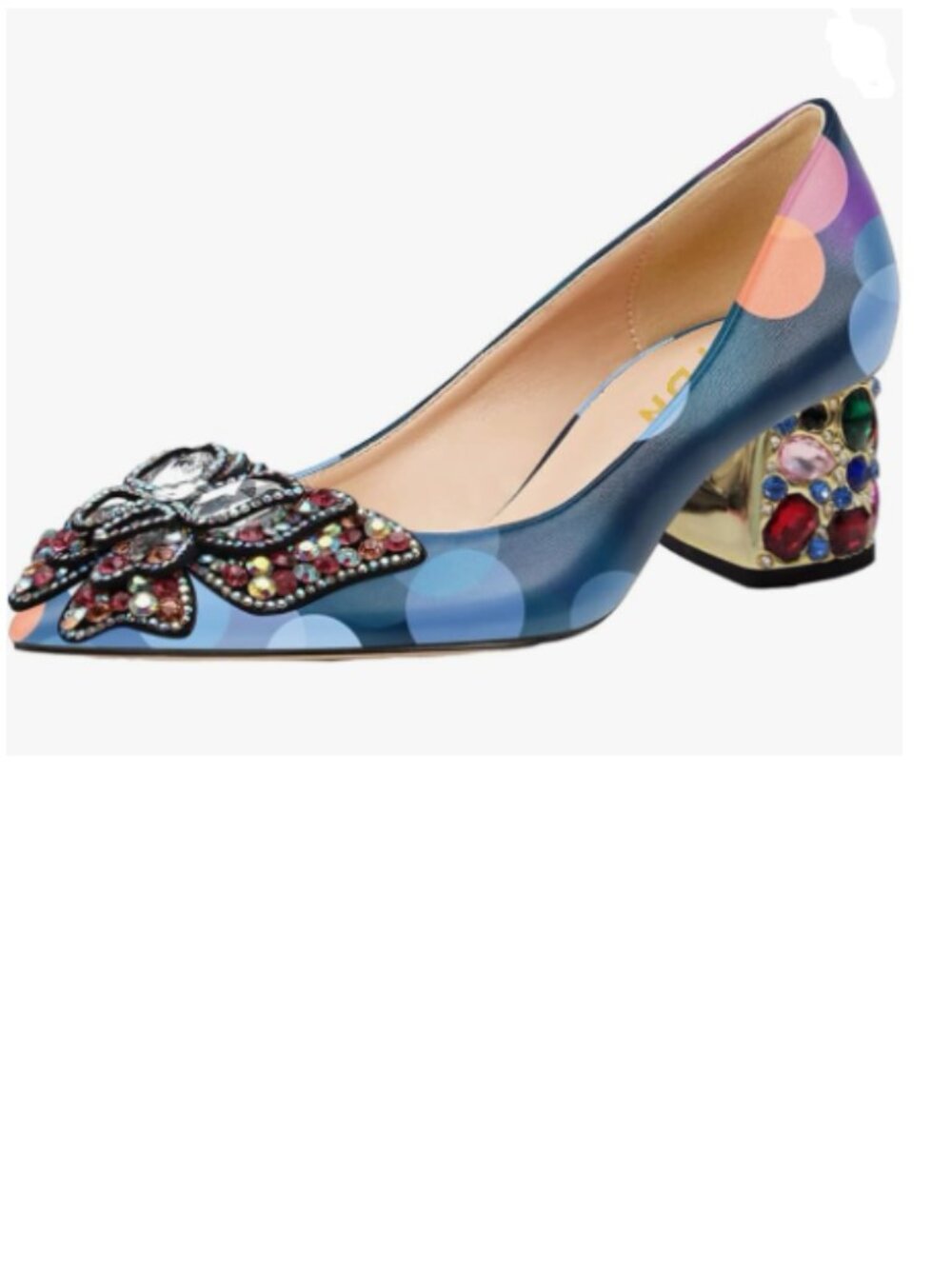YDN Navy Print Polka Dot Pointed Toe Bow Colorful Rhinestone Butterfly Pumps